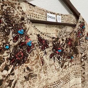 Chicos Beaded Embroidered Blouse Womens  L Boho Sheer Top Festival